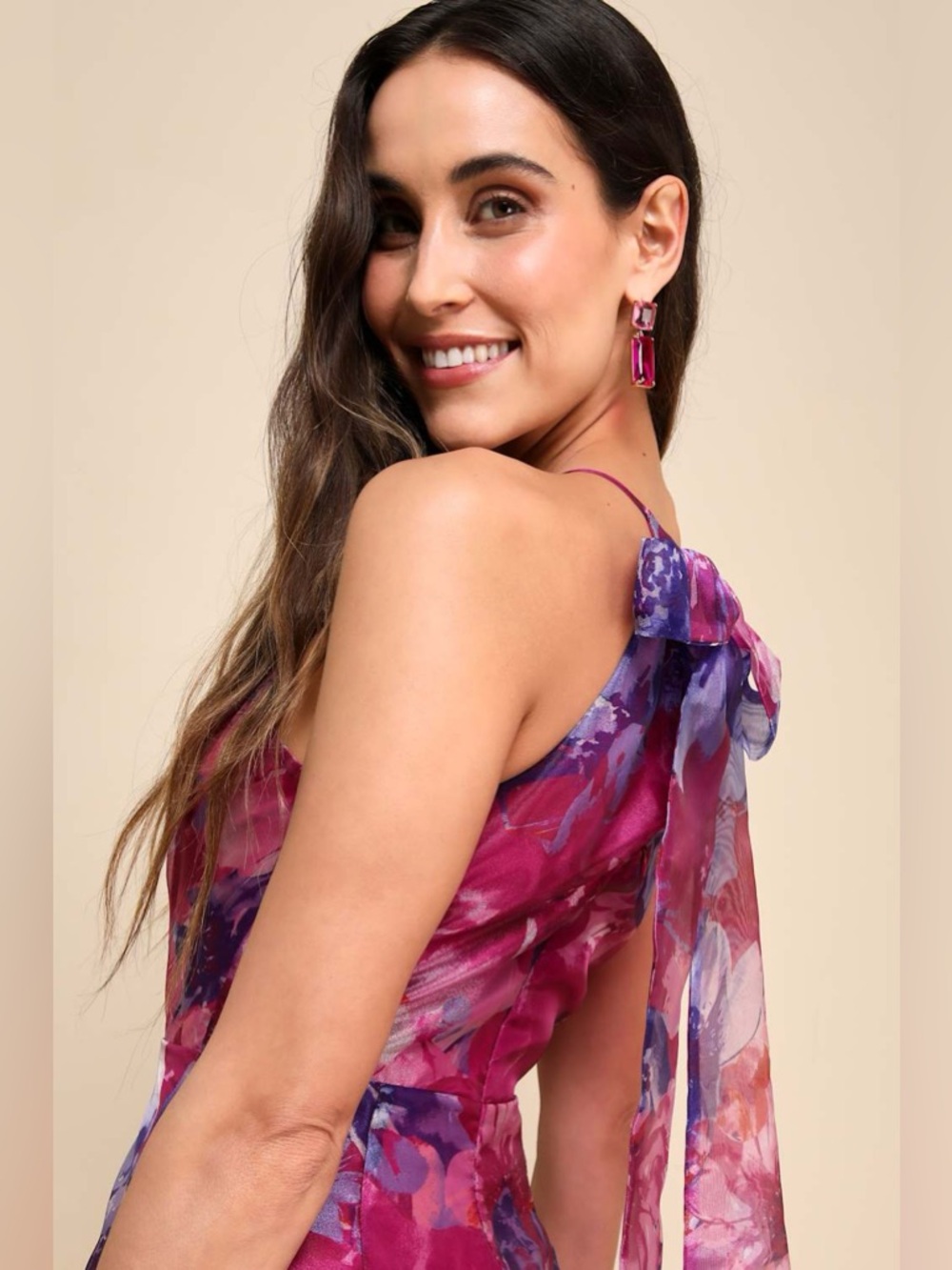 Lulus Admirable Essence Magenta Floral Organza Trumpet Midi Dress Size Medium - Picture 4 of 5